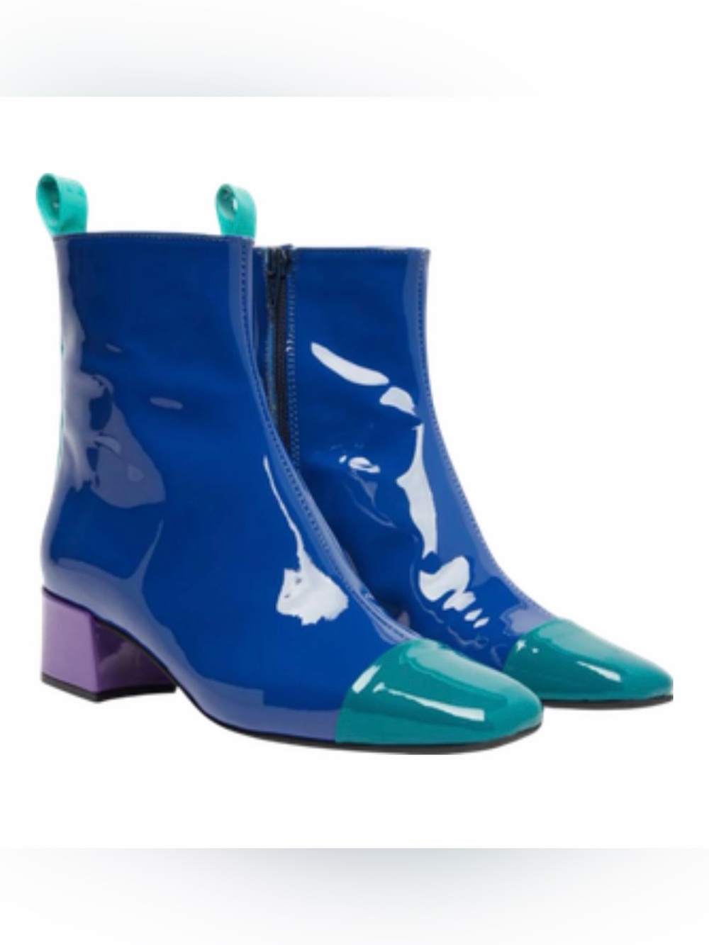 WORN ONCE Carel Estime Women's Blue Patent Ankle Boots with Teal Cap Toe